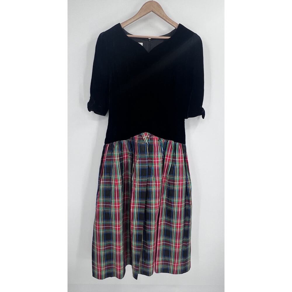 VTG 90s Joan Leslie Black Velvet & Tafeta Plaid Dress Size 14 Drop Waist Holiday